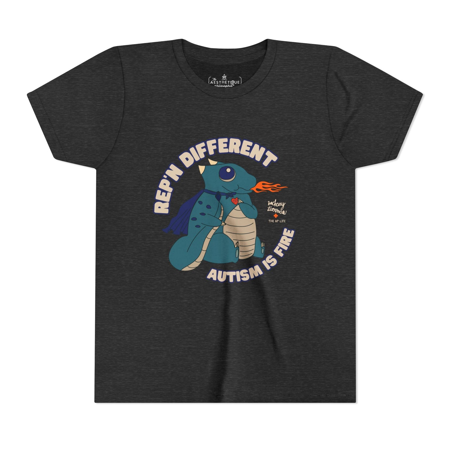 Rep'n Different - Autism is Fire - Dragon Character - Zachary Lierman - Youth Unisex Jersey Tee