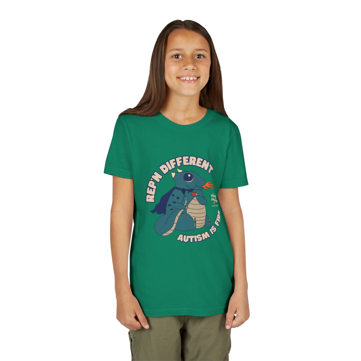 Rep'n Different - Autism is Fire - Dragon Character - Zachary Lierman - Youth Unisex Jersey Tee