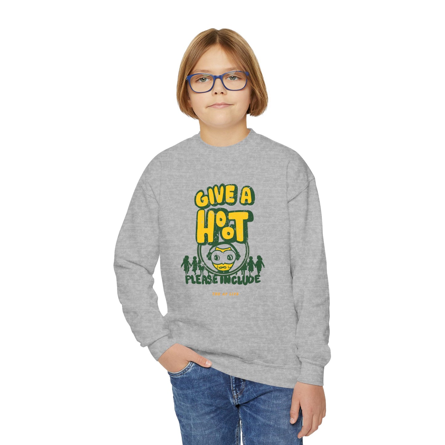 Give A Hoot - Just Include - Retro PSA Style - Youth Unisex Crewneck Sweatshirt