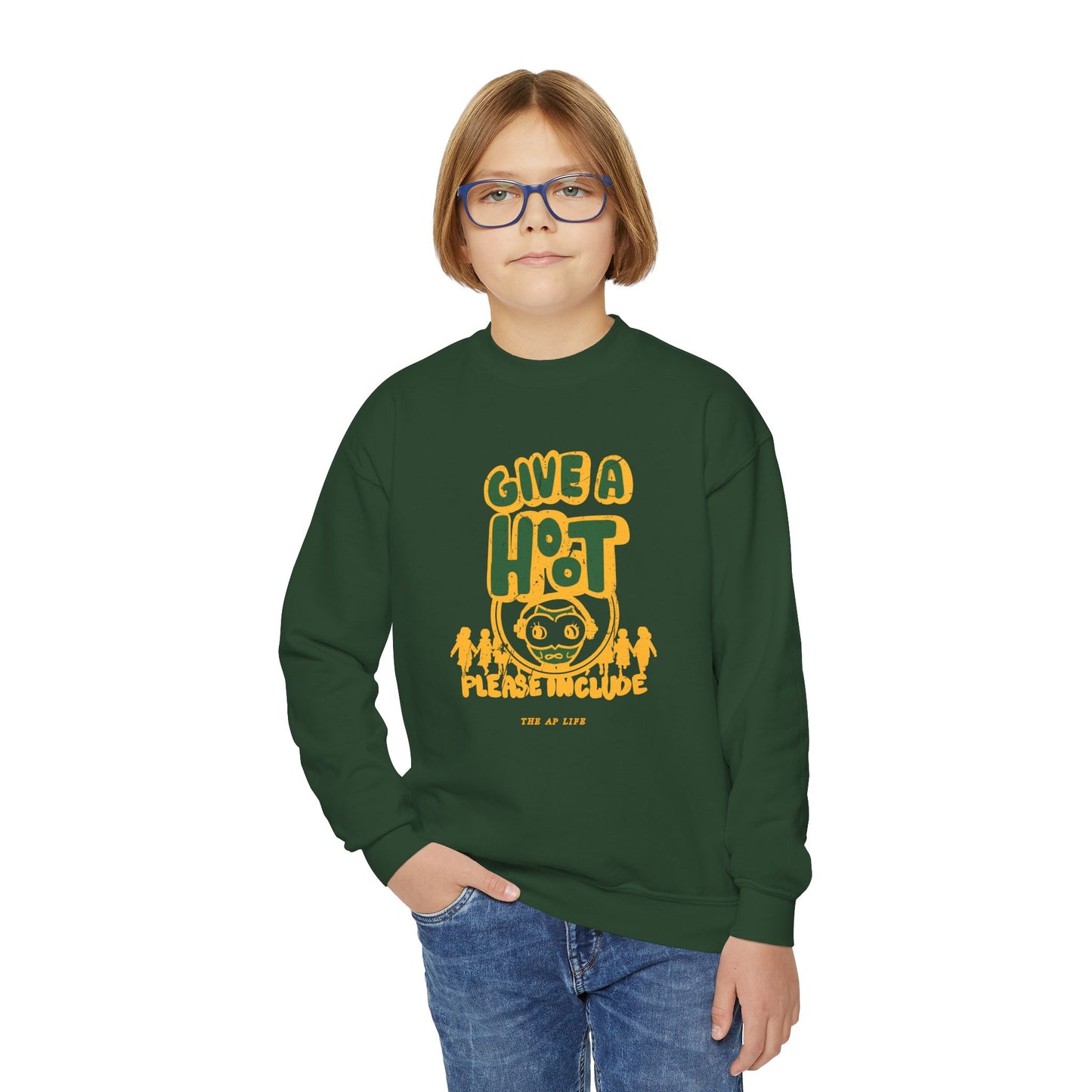 Give A Hoot - Just Include - Retro PSA Style - Youth Unisex Crewneck Sweatshirt