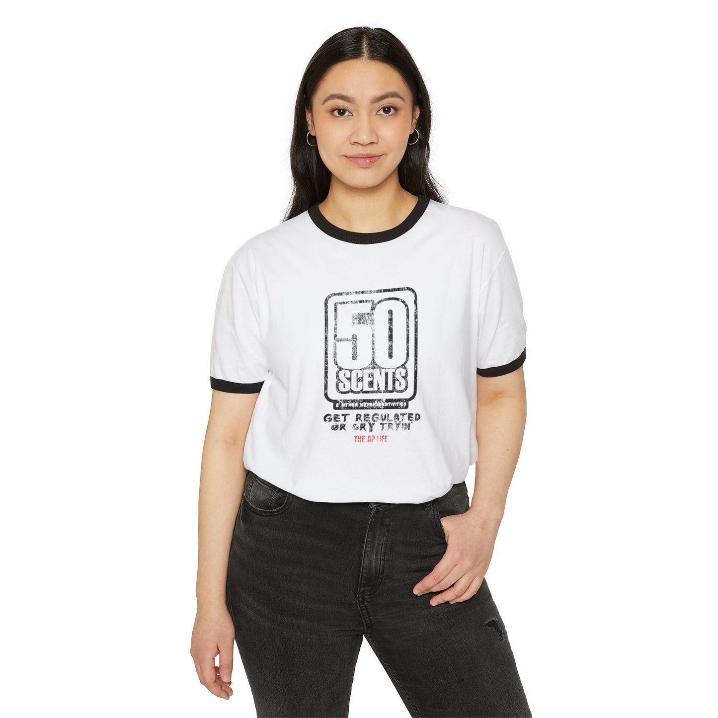 50 Scents & Other Hypersensitivities - Get Regulated or Cry Tryin' - Adult Unisex Cotton Ringer T-Shirt