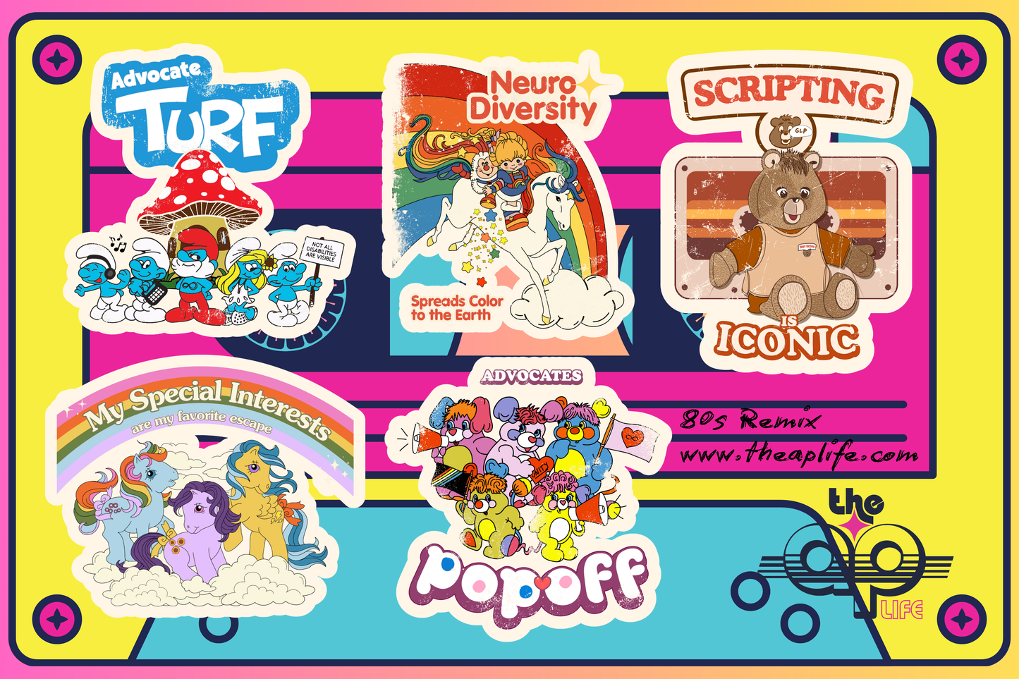 A collage of multiple cartoon-themed sticker or decal designs arranged on a bright yellow and blue graphic background. Visible text includes 'Advocate Turf,' 'Neuro Diversity,' 'Scripting the Iconic,' 'My Special Interests,' 'Pop Off,' '80s Remix,' 'www.