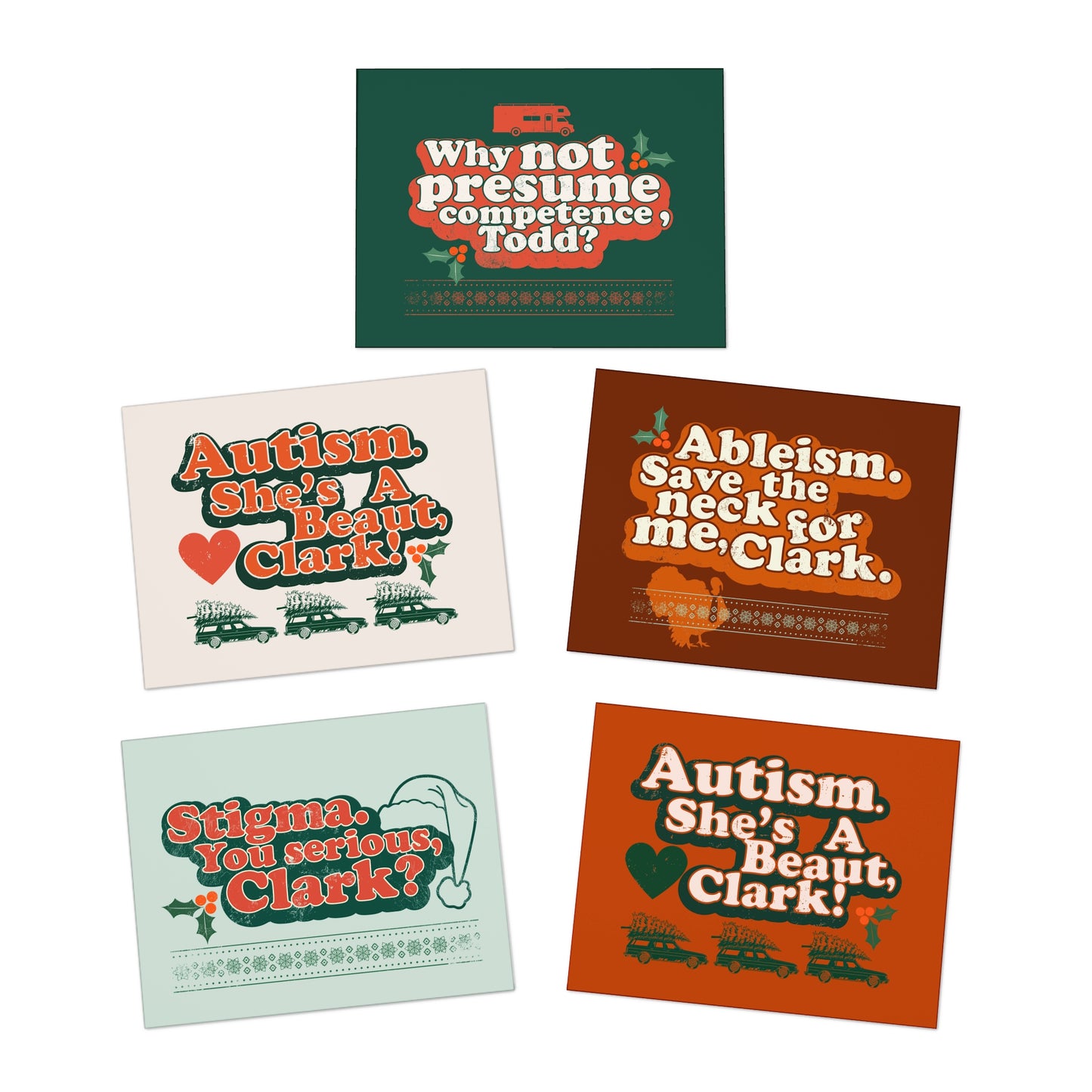 Neuro Affirming Christmas Vacation Assorted Parody Multi-Design Greeting Cards (5-Pack)
