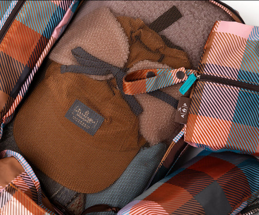 The Aesthetique Philosophie Buffalo Check Teal Orange and Brown Retro Plaid Packing Travel Cubes for Camping and Adventuring