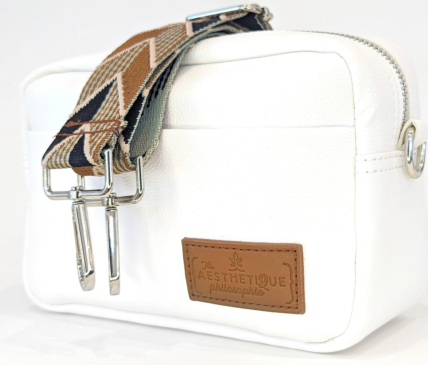 White Vegan Leather Spacious Crossbody Bag with Chevron Adjustable Guitar Strap