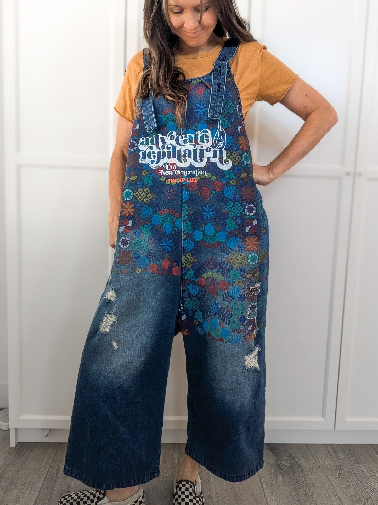 Advocate Reputation - It's a New Generation - Women's Painted Overalls/Denim Romper (M) - Repurposed Rebels