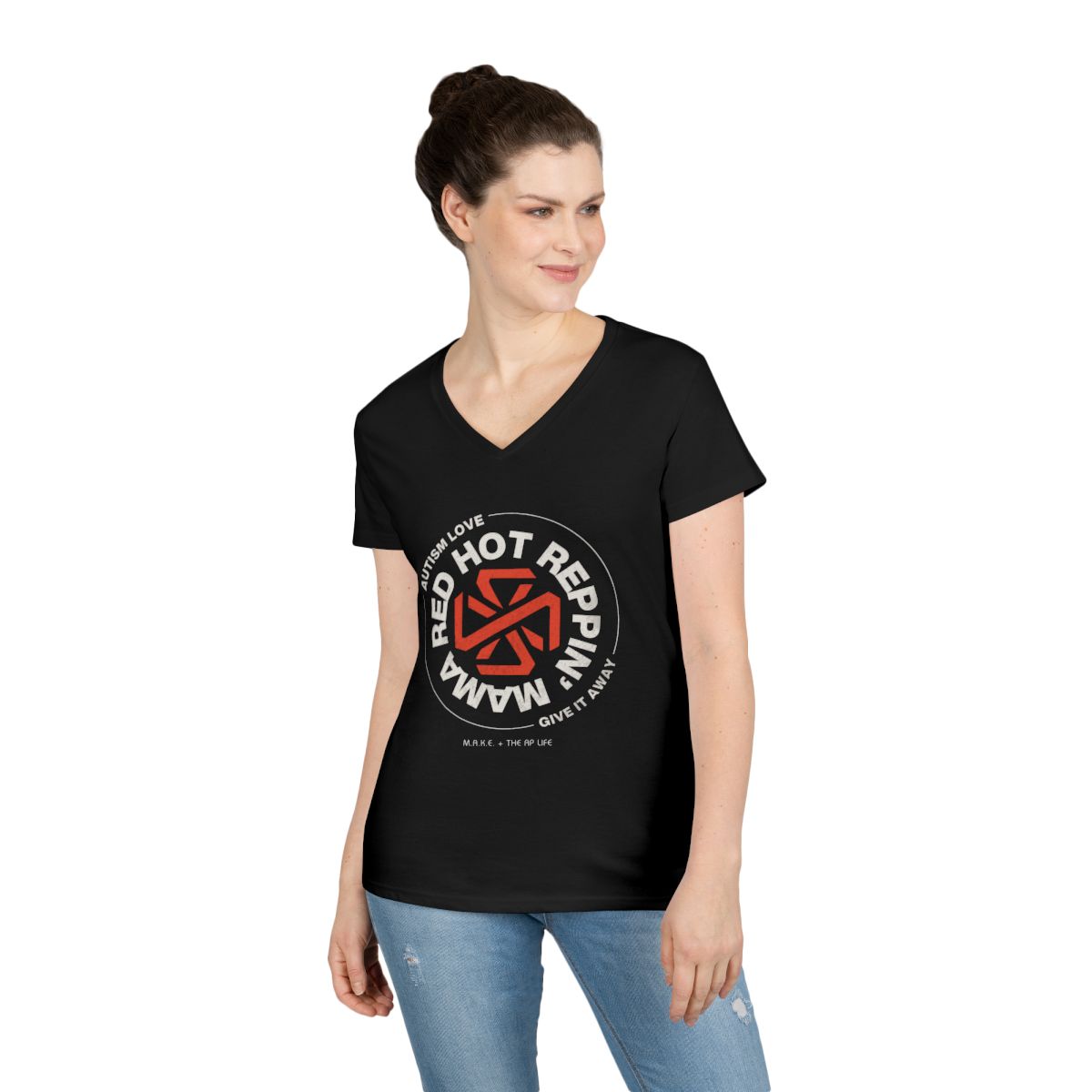Red Hot Reppin' Mama - Autism Love, Give it Away - Women's Fitted V-Neck Tee