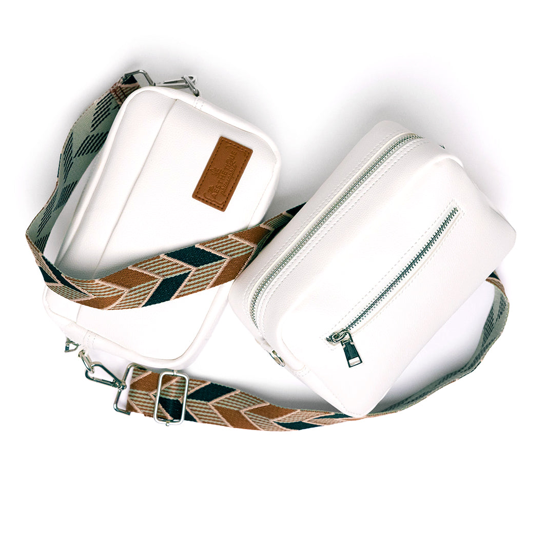 White Vegan Leather Spacious Crossbody Bag with Chevron Adjustable Guitar Strap
