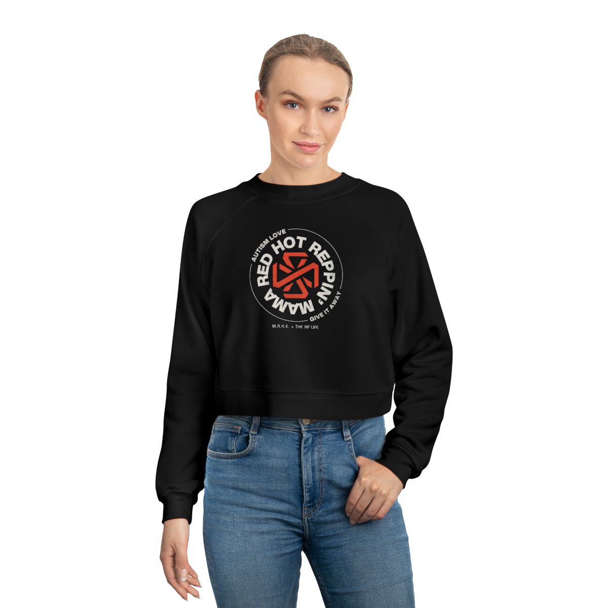 Red Hot Reppin' Mama - Autism Love, Give it Away - Women's Cropped Pullover Sweater