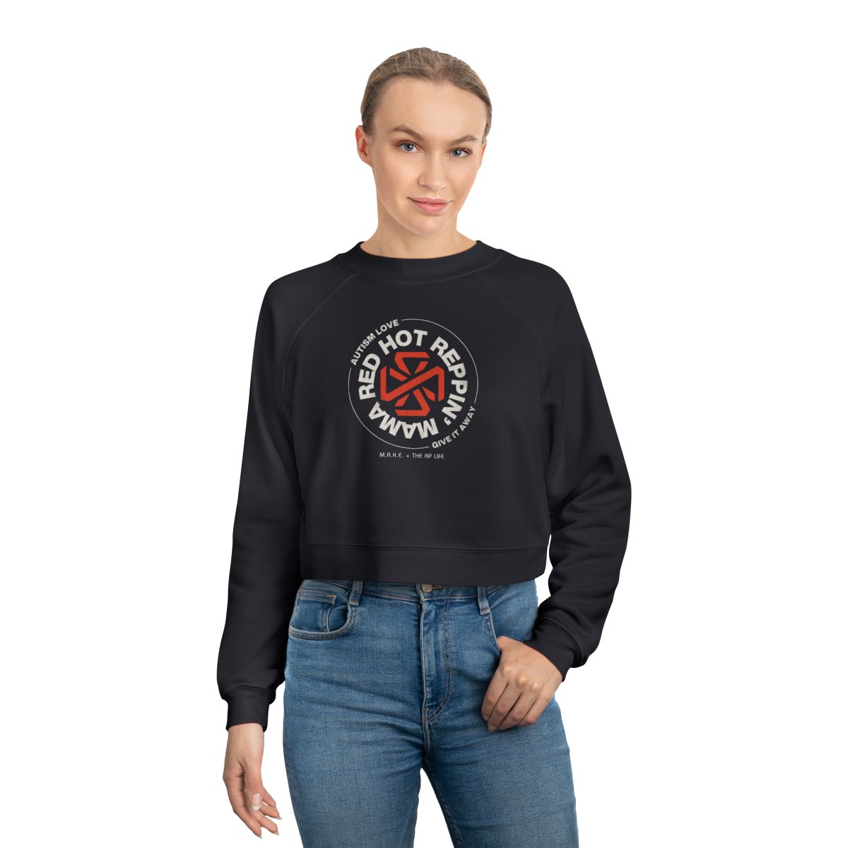 Red Hot Reppin' Mama - Autism Love, Give it Away - Women's Cropped Pullover Sweater