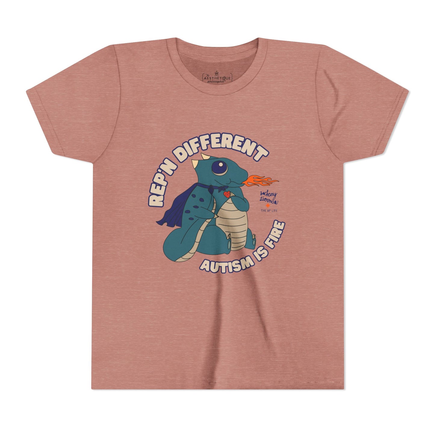 Rep'n Different - Autism is Fire - Dragon Character - Zachary Lierman - Youth Unisex Jersey Tee