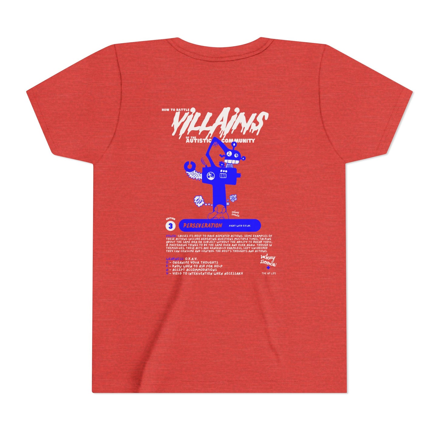 Villains of The Autistic Community Series - Perseveration - Broken Robot - Zachary Lierman - Youth Unisex Jersey Tee