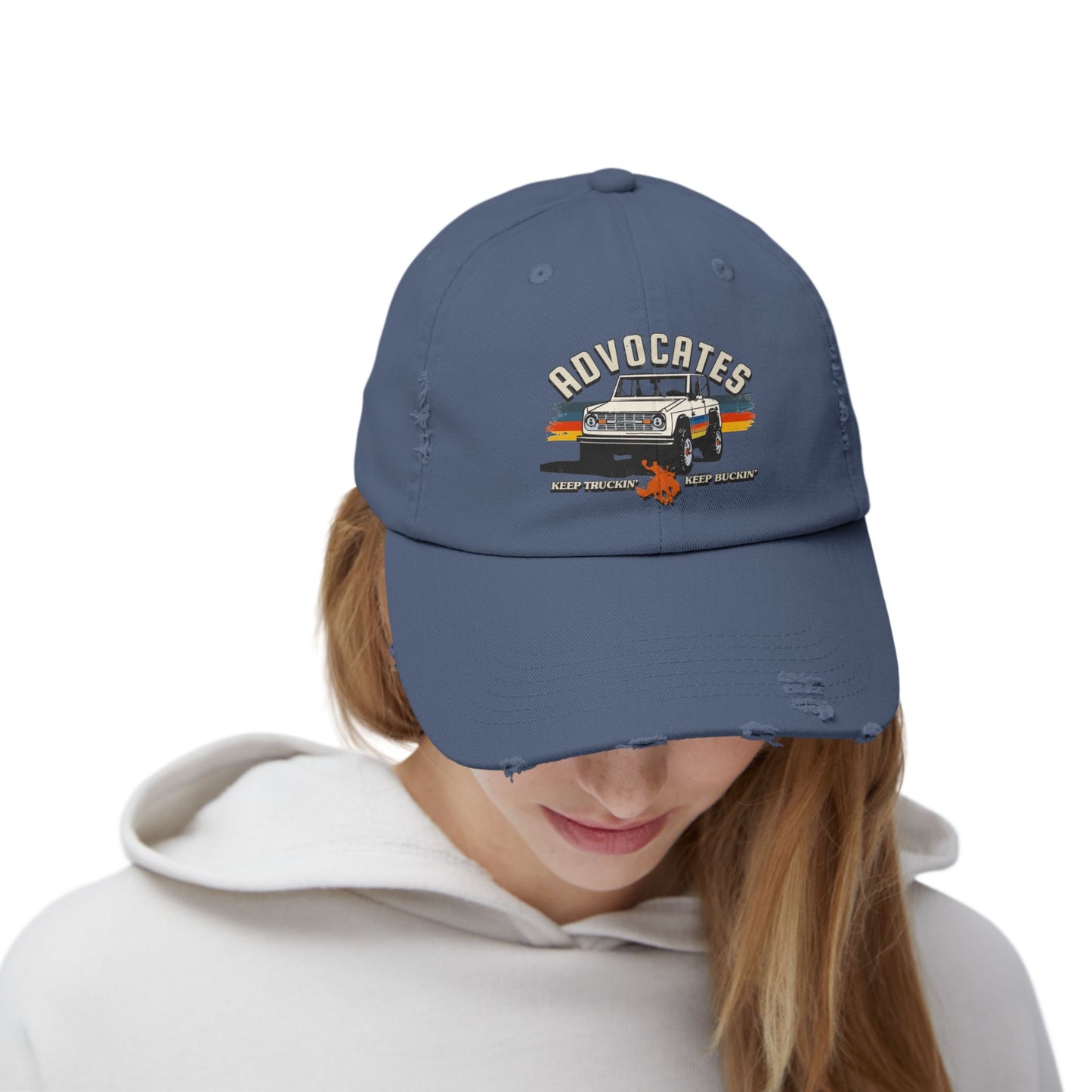 Advocates Keep Truckin', Keep Buckin' - Retro Bronco Truck - Unisex Distressed Cap