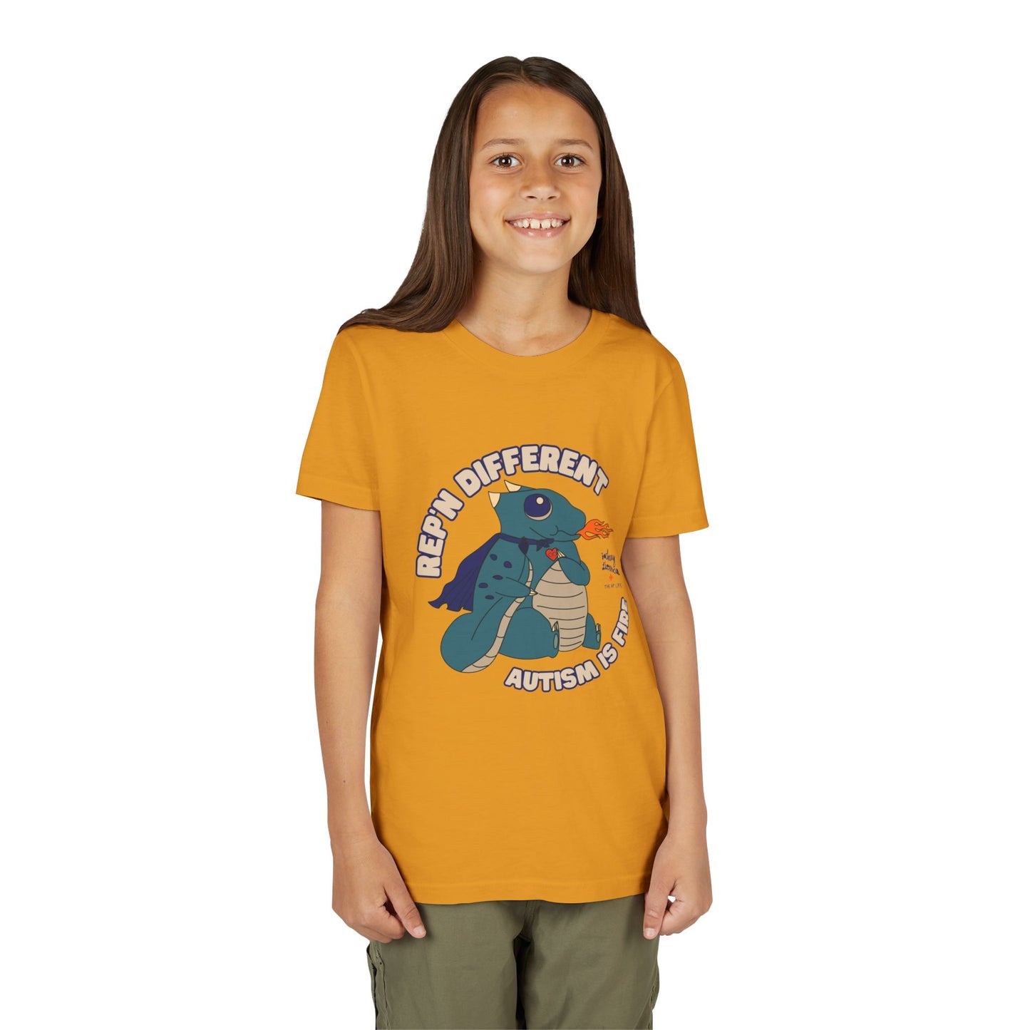 Rep'n Different - Autism is Fire - Dragon Character - Zachary Lierman - Youth Unisex Jersey Tee