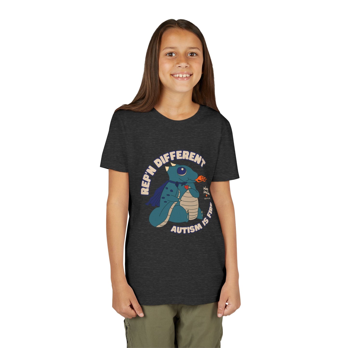 Rep'n Different - Autism is Fire - Dragon Character - Zachary Lierman - Youth Unisex Jersey Tee