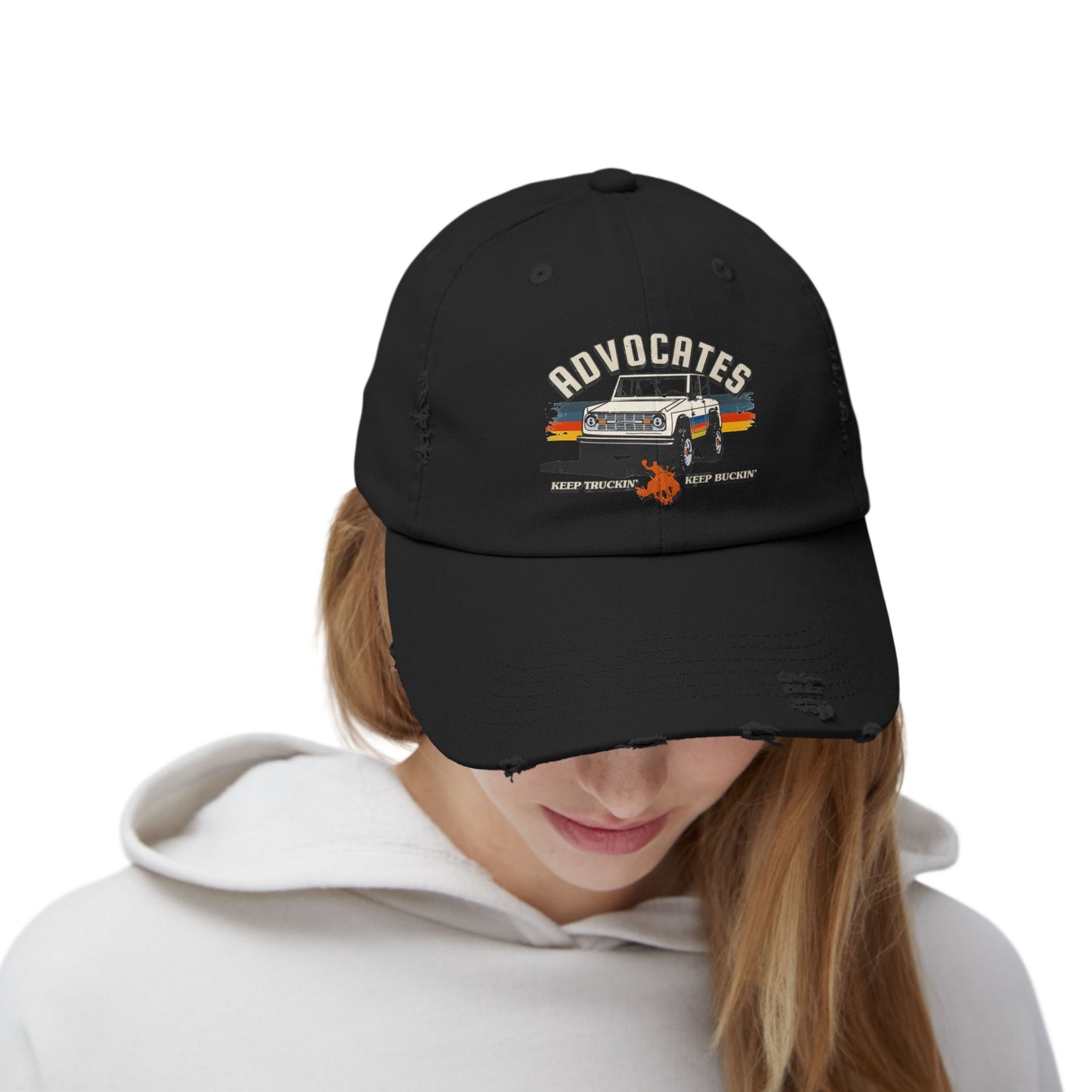 Advocates Keep Truckin', Keep Buckin' - Retro Bronco Truck - Unisex Distressed Cap
