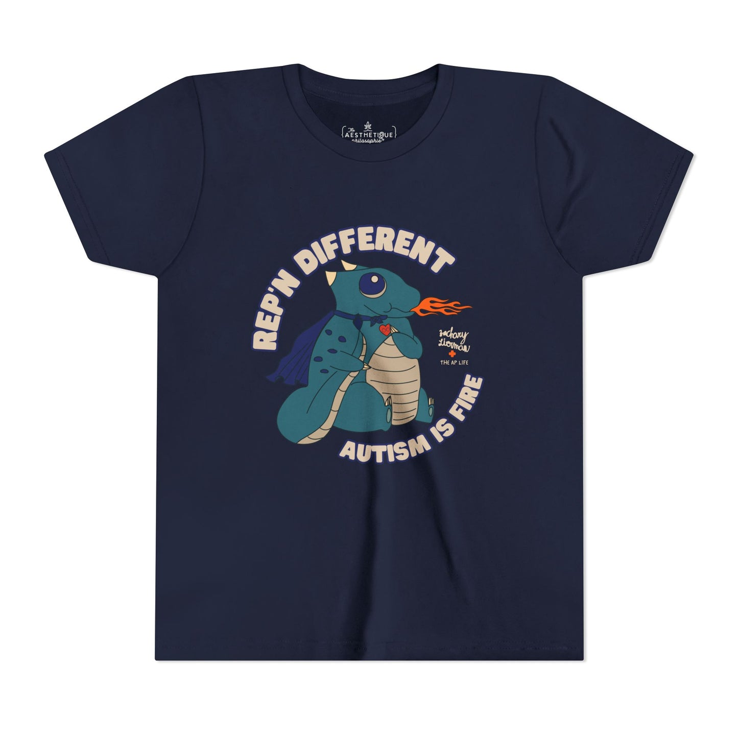 Rep'n Different - Autism is Fire - Dragon Character - Zachary Lierman - Youth Unisex Jersey Tee