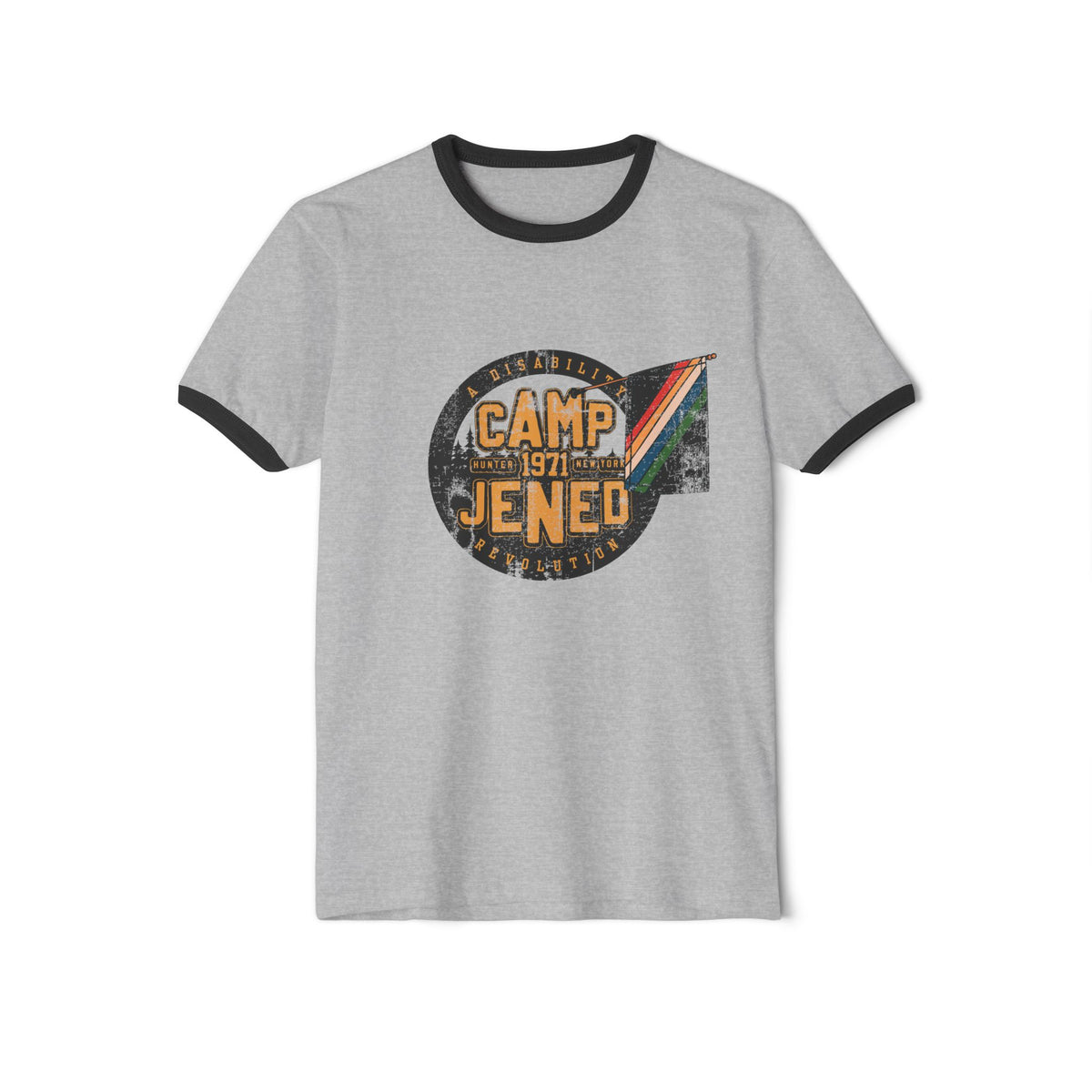 A heather gray ringer t-shirt with black trim on the collar and sleeve cuffs, featuring a circular graphic on the chest that reads 'CAMP JENED 1971' with a multicolor disability rights flag motif.
