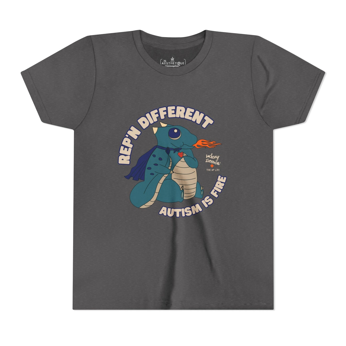 Rep'n Different - Autism is Fire - Dragon Character - Zachary Lierman - Youth Unisex Jersey Tee