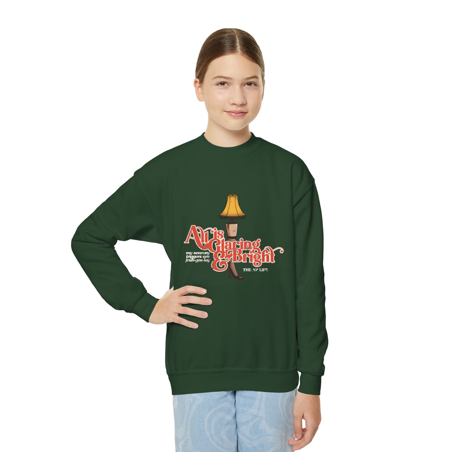All is Glaring & Bright - Leg Lamp - Sensory Triggers - Youth Unisex Crewneck Sweatshirt