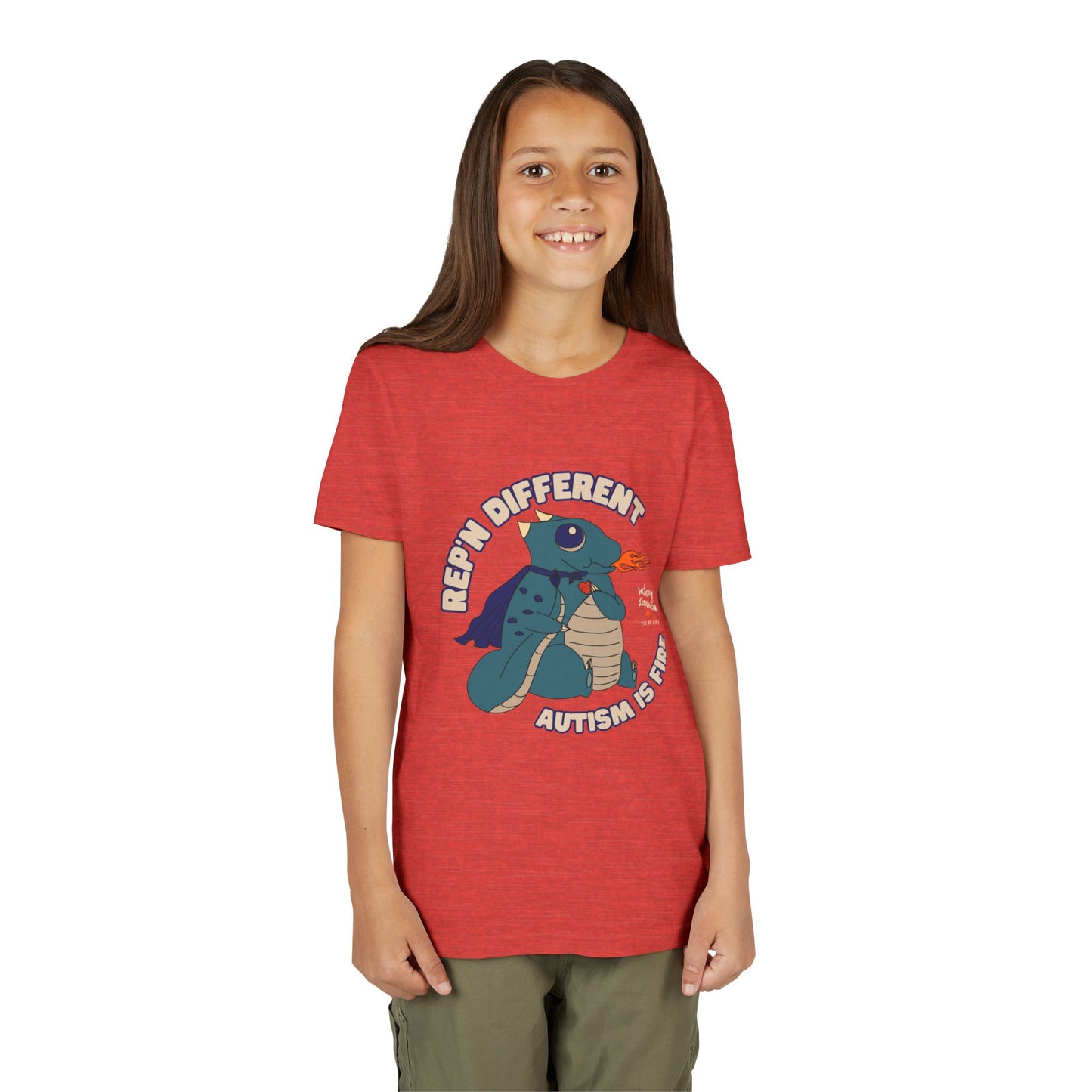 Rep'n Different - Autism is Fire - Dragon Character - Zachary Lierman - Youth Unisex Jersey Tee