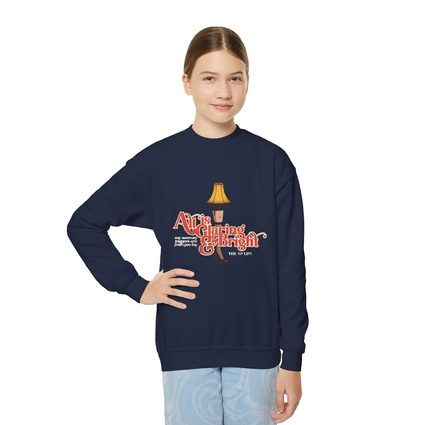 All is Glaring & Bright - Leg Lamp - Sensory Triggers - Youth Unisex Crewneck Sweatshirt