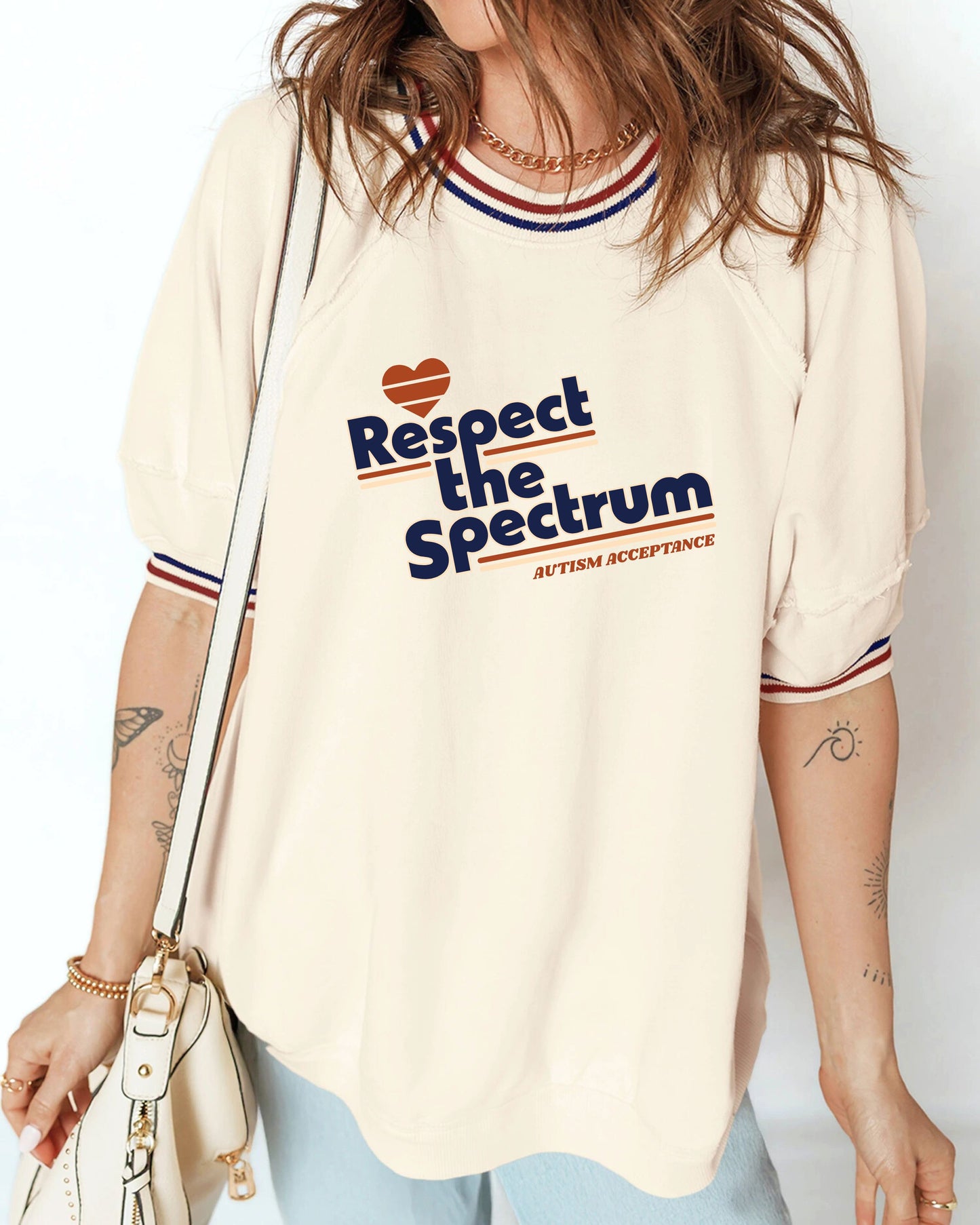 Respect The Spectrum - Autism Acceptance - Women's Oversized Varsity Short-Sleeved Sweatshirt