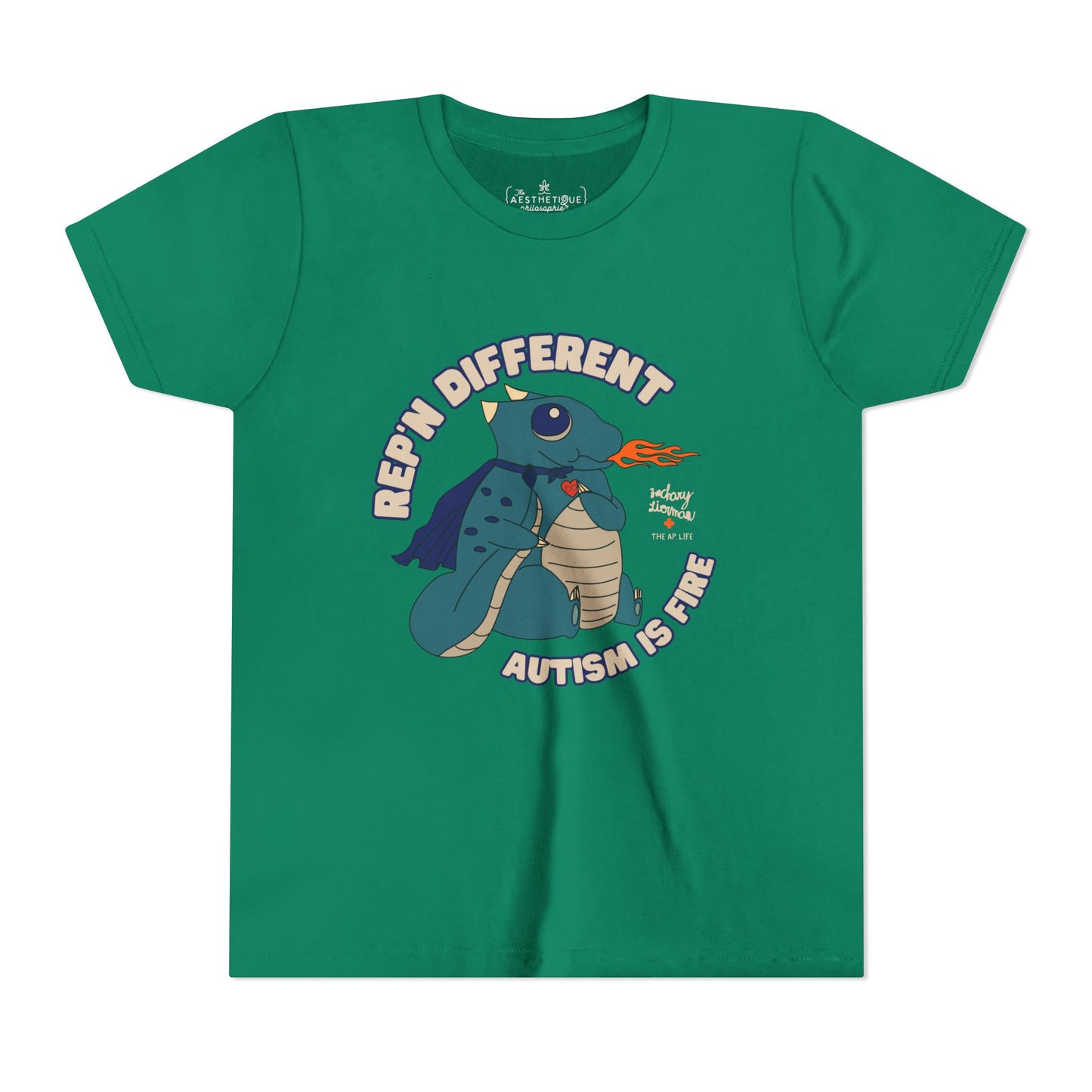 Rep'n Different - Autism is Fire - Dragon Character - Zachary Lierman - Youth Unisex Jersey Tee