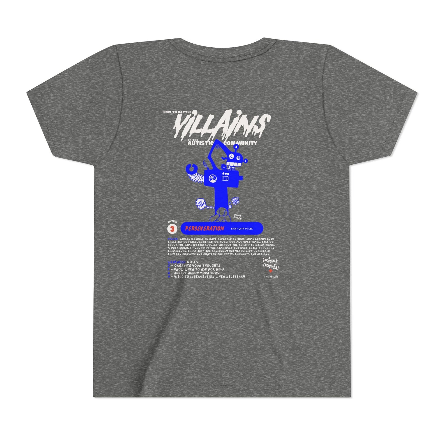 Villains of The Autistic Community Series - Perseveration - Broken Robot - Zachary Lierman - Youth Unisex Jersey Tee