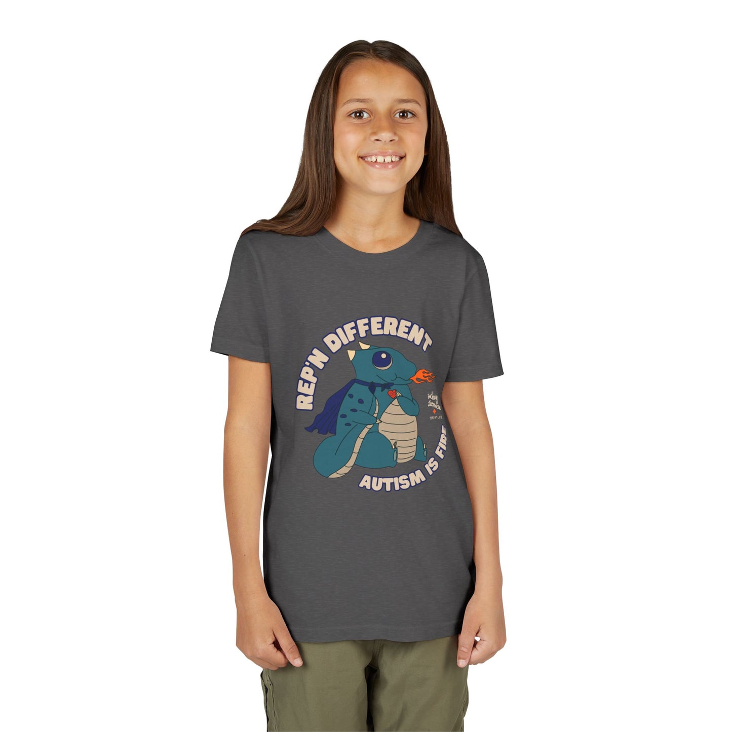 Rep'n Different - Autism is Fire - Dragon Character - Zachary Lierman - Youth Unisex Jersey Tee