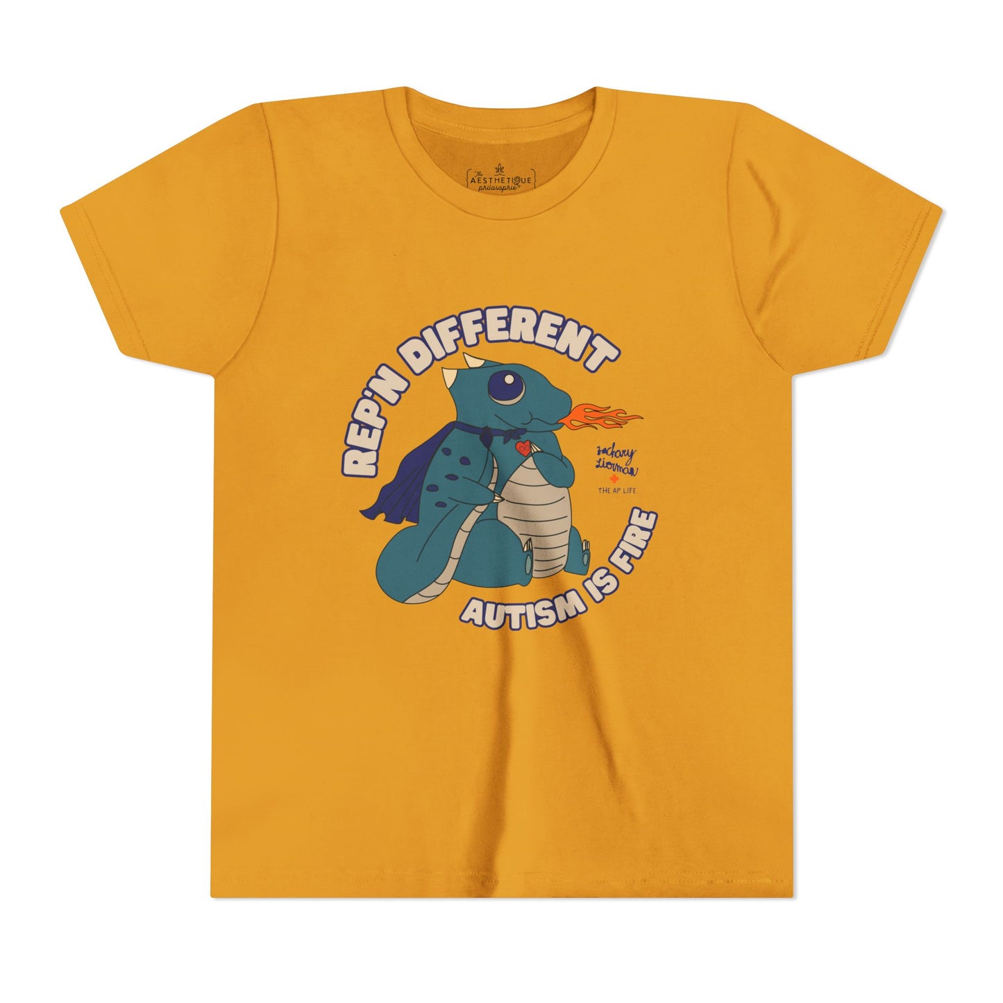 Rep'n Different - Autism is Fire - Dragon Character - Zachary Lierman - Youth Unisex Jersey Tee