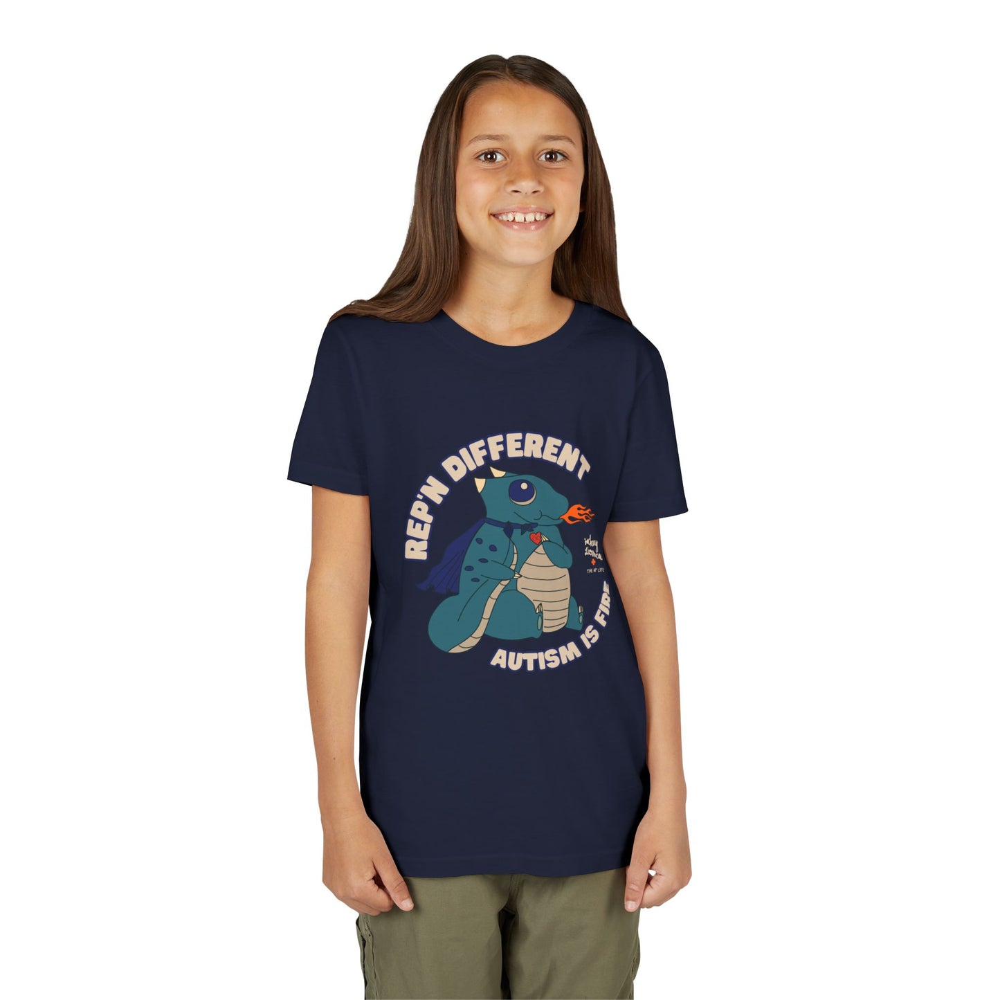 Rep'n Different - Autism is Fire - Dragon Character - Zachary Lierman - Youth Unisex Jersey Tee
