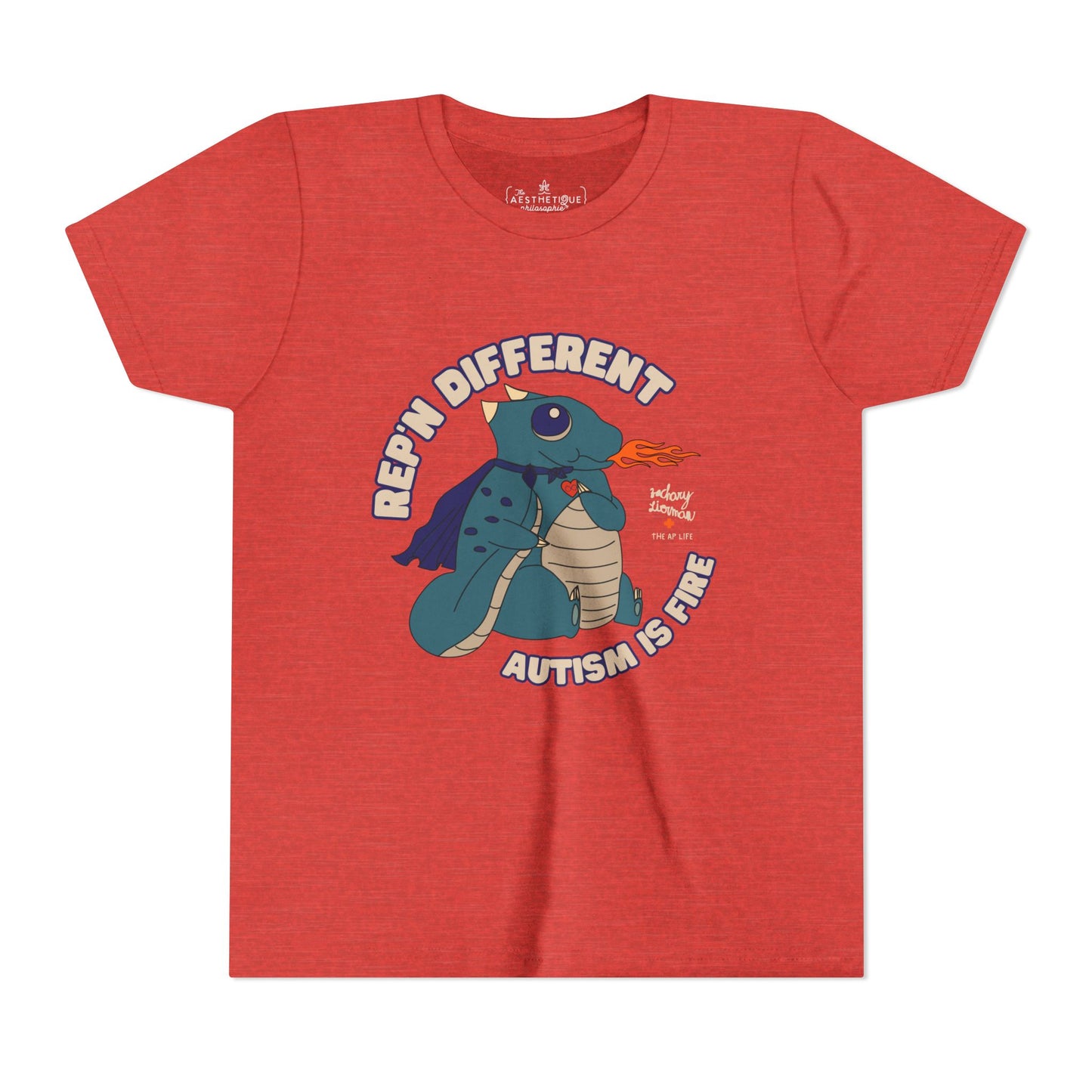 Rep'n Different - Autism is Fire - Dragon Character - Zachary Lierman - Youth Unisex Jersey Tee