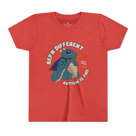 Rep'n Different - Autism is Fire - Dragon Character - Zachary Lierman - Youth Unisex Jersey Tee