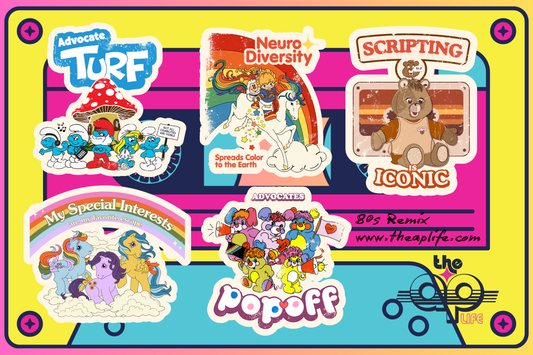 A collage of multiple cartoon-themed sticker or decal designs arranged on a bright yellow and blue graphic background. Visible text includes 'Advocate Turf,' 'Neuro Diversity,' 'Scripting the Iconic,' 'My Special Interests,' 'Pop Off,' '80s Remix,' 'www.