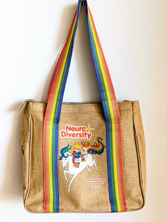 Neurodiversity Spreads Color to the Earth - Small Vintage Duffle Bag with Rainbow Straps - Repurposed Rebels