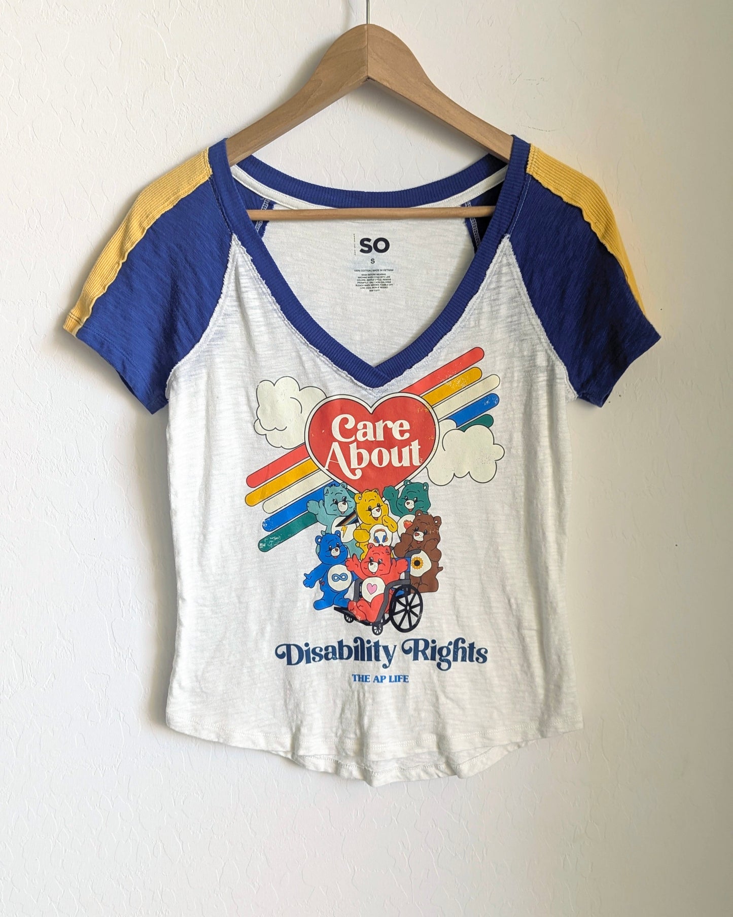 Care About Disability Rights - Women's V-Neck Color Block Tee (S) - Repurposed Rebels