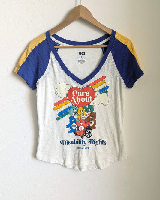 Care About Disability Rights - Women's V-Neck Color Block Tee (S) - Repurposed Rebels