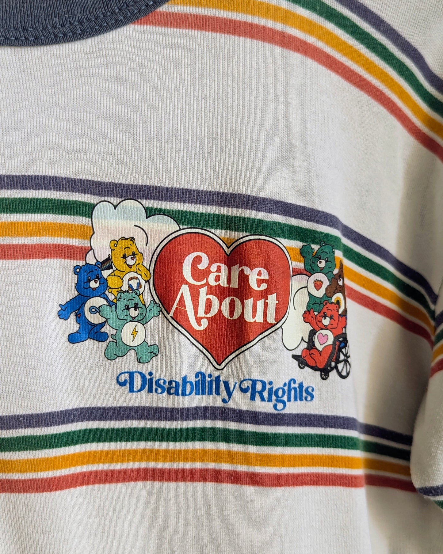 Care About Disability Rights - Women's Striped Ringer Tee (M) - Repurposed Rebels