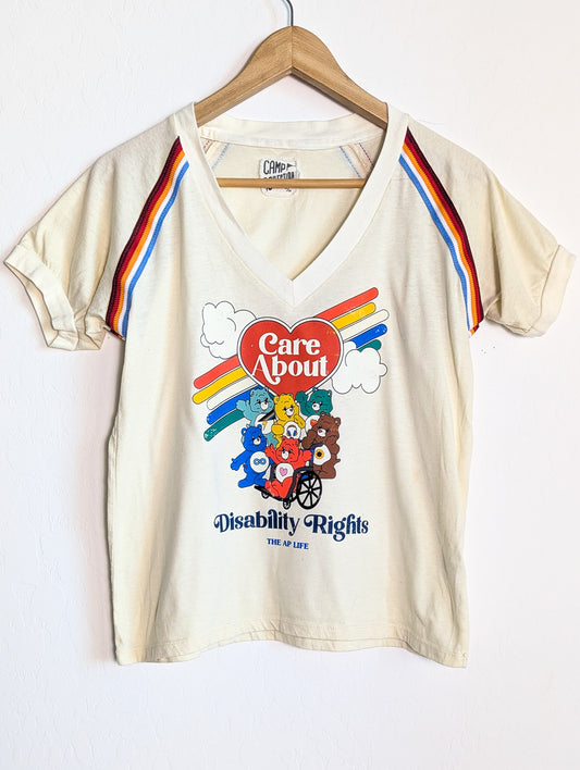 Care About Disability Rights - Contrast Striped Rainbow Binding V-Neck Women's Tee - Repurposed Rebels