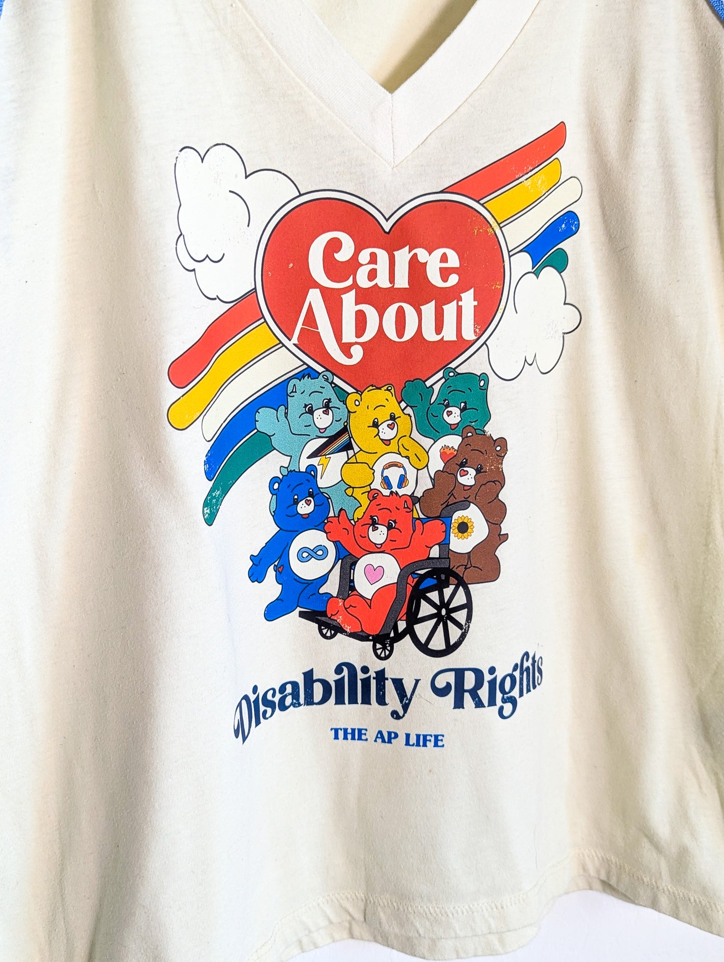 Care About Disability Rights - Contrast Striped Rainbow Binding V-Neck Women's Tee - Repurposed Rebels