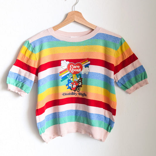Care About Disability Rights - Women's Striped Short Sleeved Sweater (M) - Repurposed Rebels