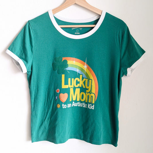 Lucky Mom to an Autistic Kids - Women's Fitted Ringer Tee (L) - Repurposed Rebels