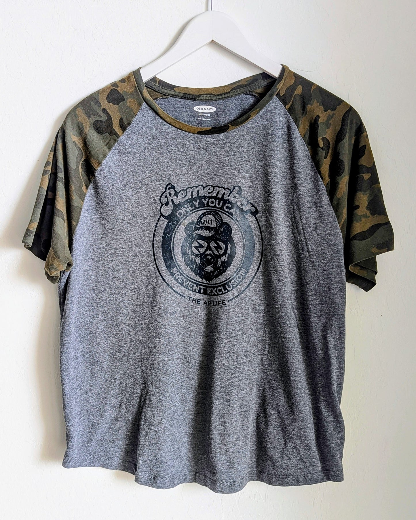 Remember, Only You Can Prevent Exclusion - Women's Raglan Camo Tee (L) - Repurposed Rebels