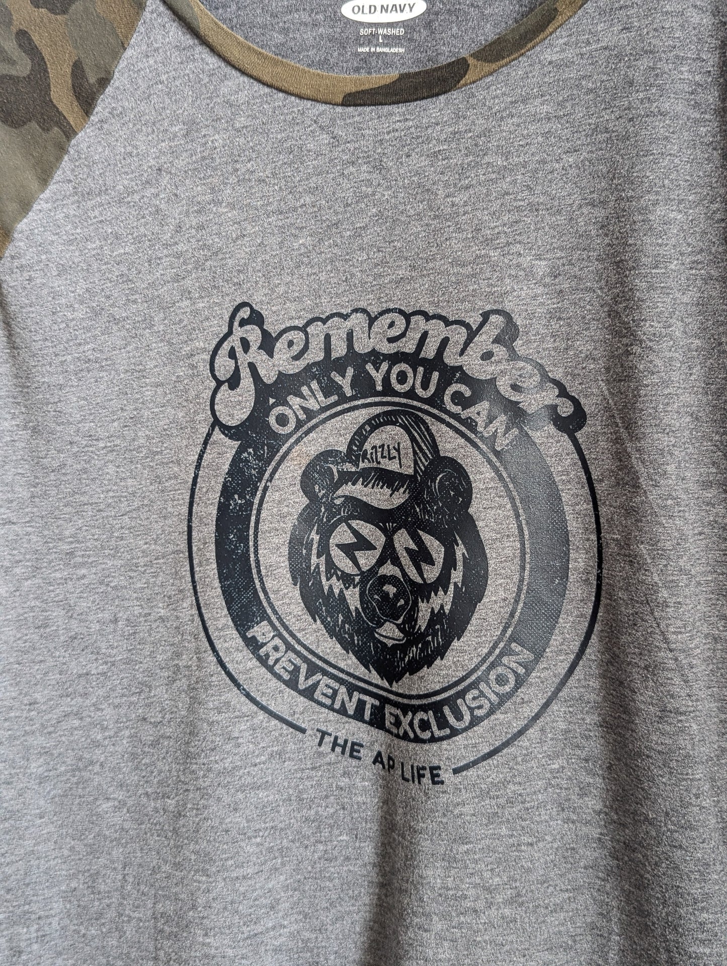 Remember, Only You Can Prevent Exclusion - Women's Raglan Camo Tee (L) - Repurposed Rebels