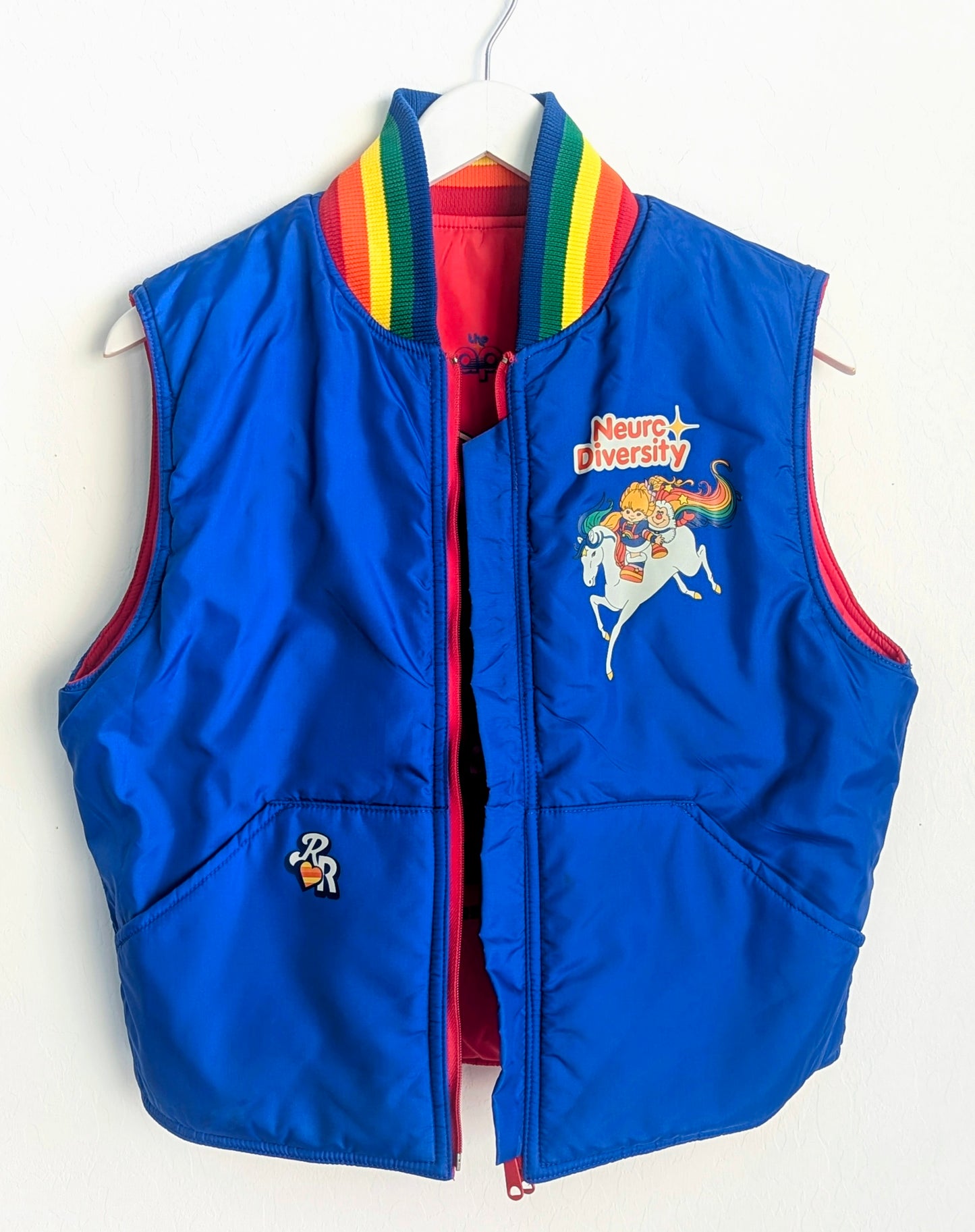 Reversible Rainbow Vest - Care About Disability Rights + Neurodiversity Spreads Color to the Earth - Adult Unisex (M) Puffer Vest - Repurposed Rebels