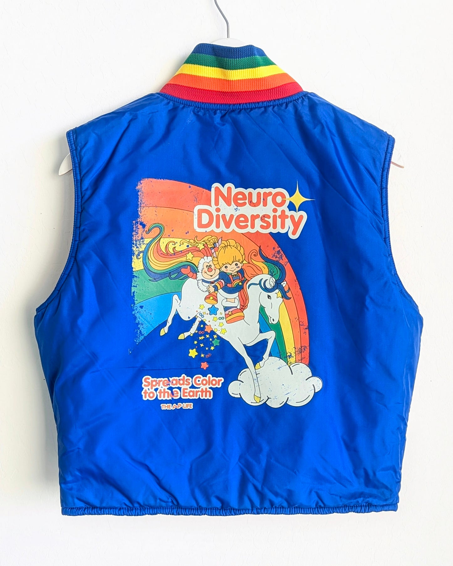 Reversible Rainbow Vest - Care About Disability Rights + Neurodiversity Spreads Color to the Earth - Adult Unisex (M) Puffer Vest - Repurposed Rebels