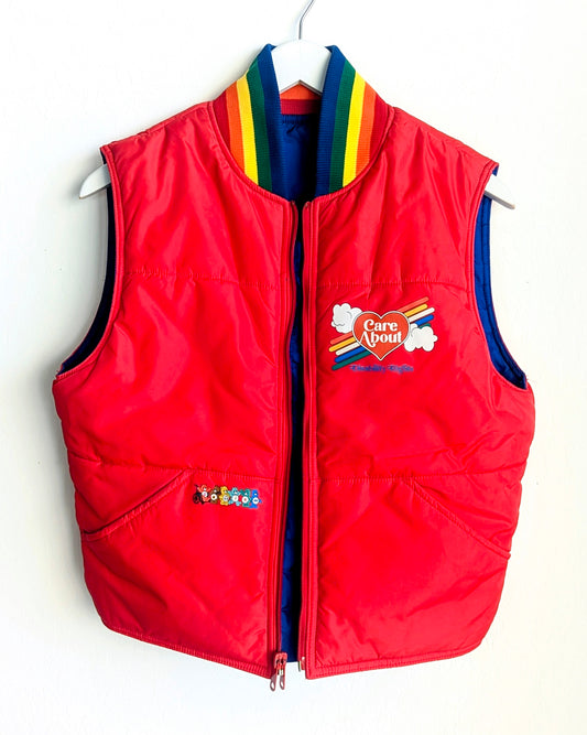 Reversible Rainbow Vest - Care About Disability Rights + Neurodiversity Spreads Color to the Earth - Adult Unisex (M) Puffer Vest - Repurposed Rebels