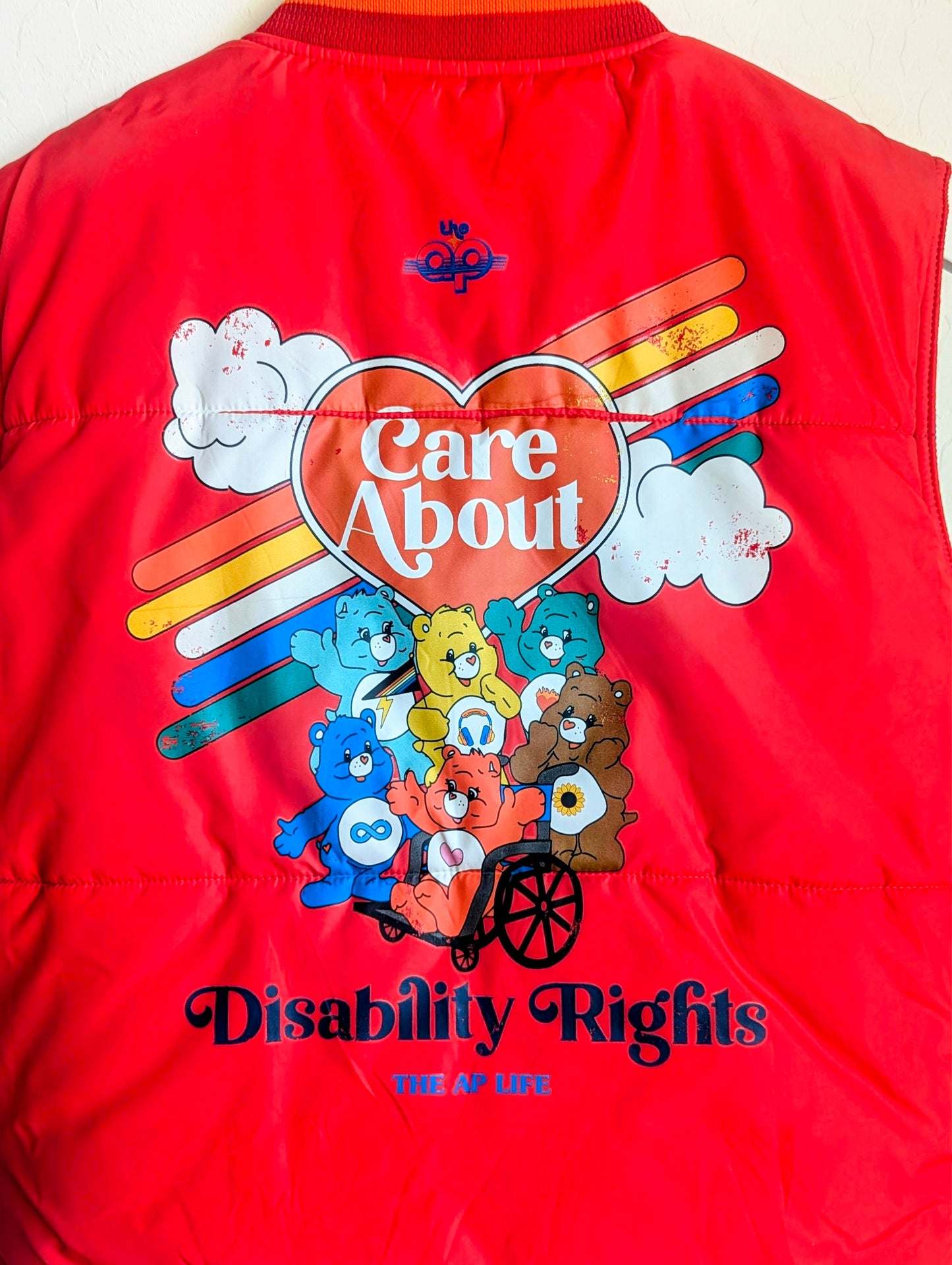 Reversible Rainbow Vest - Care About Disability Rights + Neurodiversity Spreads Color to the Earth - Adult Unisex (M) Puffer Vest - Repurposed Rebels