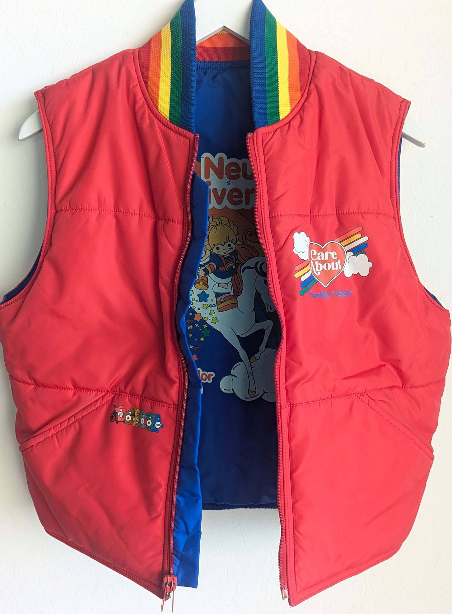 Reversible Rainbow Vest - Care About Disability Rights + Neurodiversity Spreads Color to the Earth - Adult Unisex (M) Puffer Vest - Repurposed Rebels